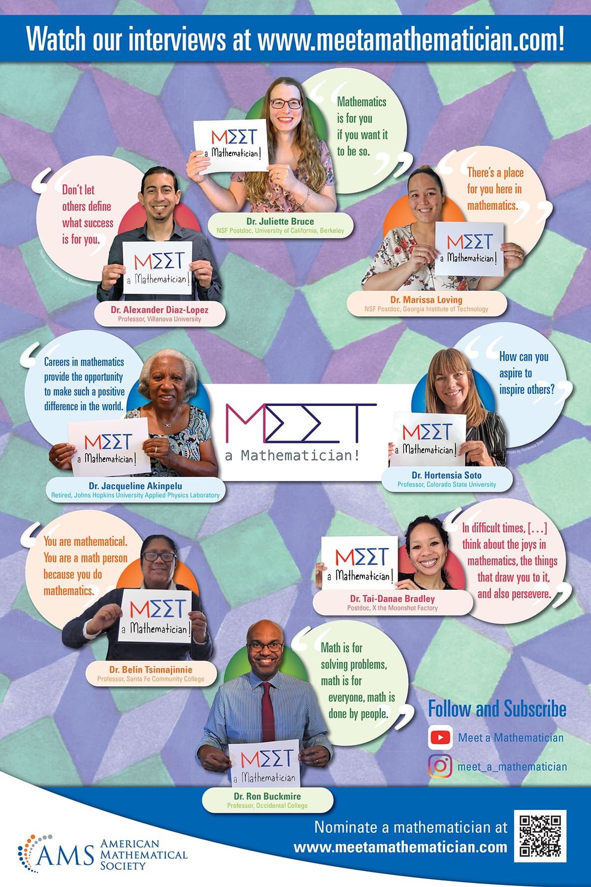 An American Mathematical Society poster with a few of the mathematicians that have given interviews and quotes by them.