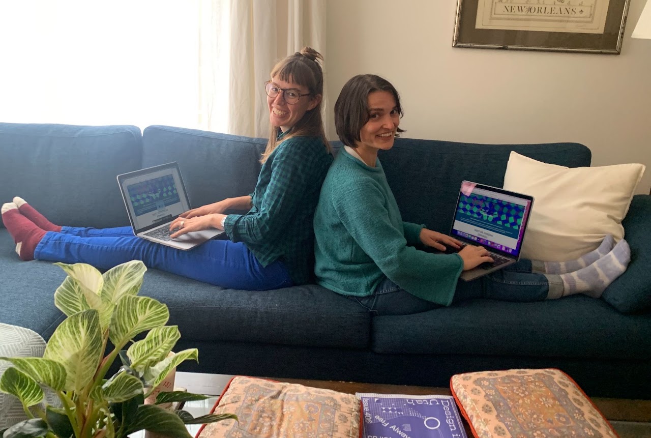 picture of Selvi Kara and Padi Fuster at a couch working on the Meet a Mathematician project